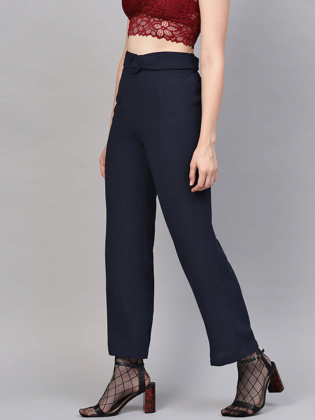 Navy Flared Buckle Belted Pant