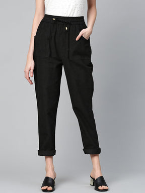 Black Corduroy Street Style Drawstring Pants-Pants-SASSAFRAS