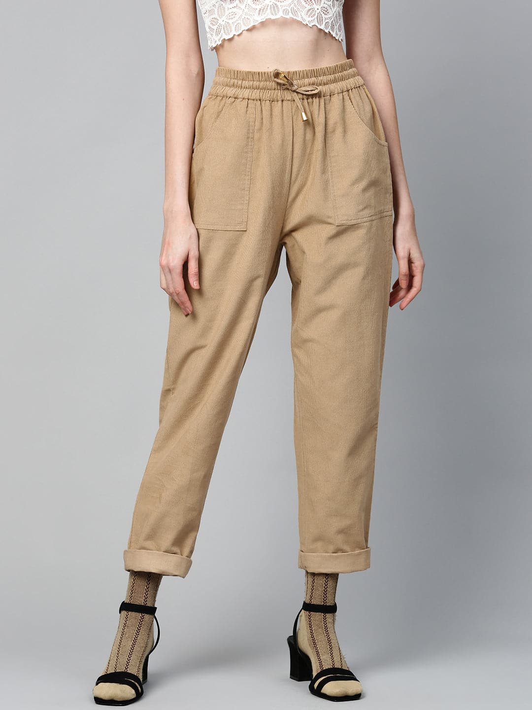 Beige Corduroy Street Style Drawstring Pants-Pants-SASSAFRAS