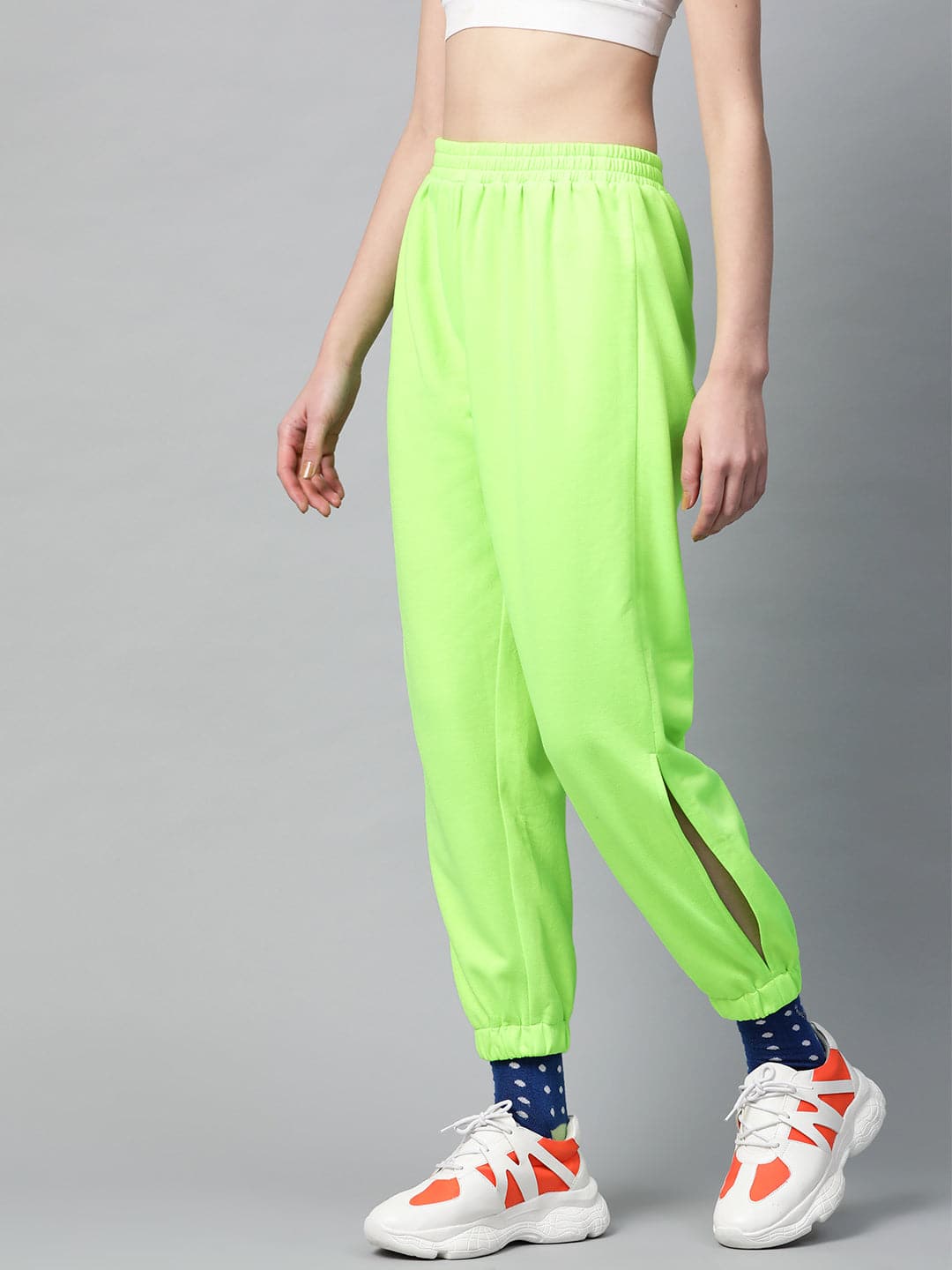 Neon Green Side Slit Fleece Jogger Pants-Pants-SASSAFRAS