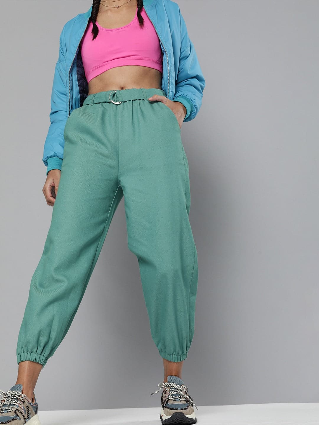 Sea Green Belted Joggers-Joggers & Track Pants-SASSAFRAS