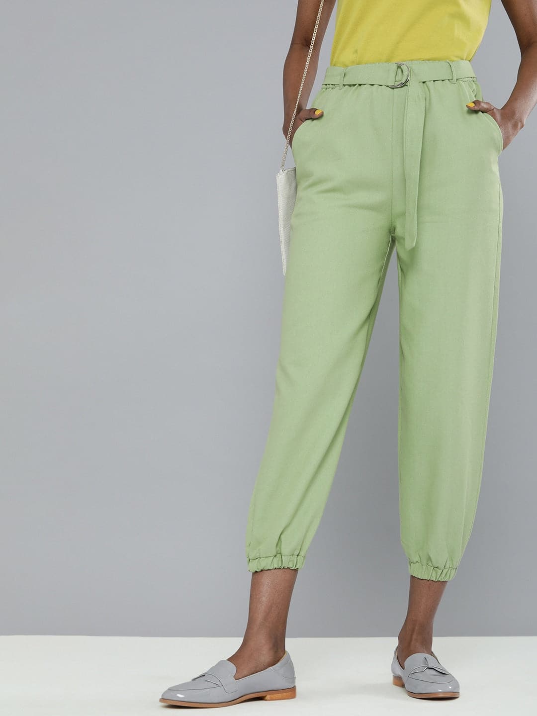 Mint Green Contrast Belted Joggers-Joggers & Track Pants-SASSAFRAS
