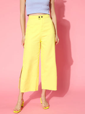 Women Yellow Side Slit Pants-Pants-SASSAFRAS