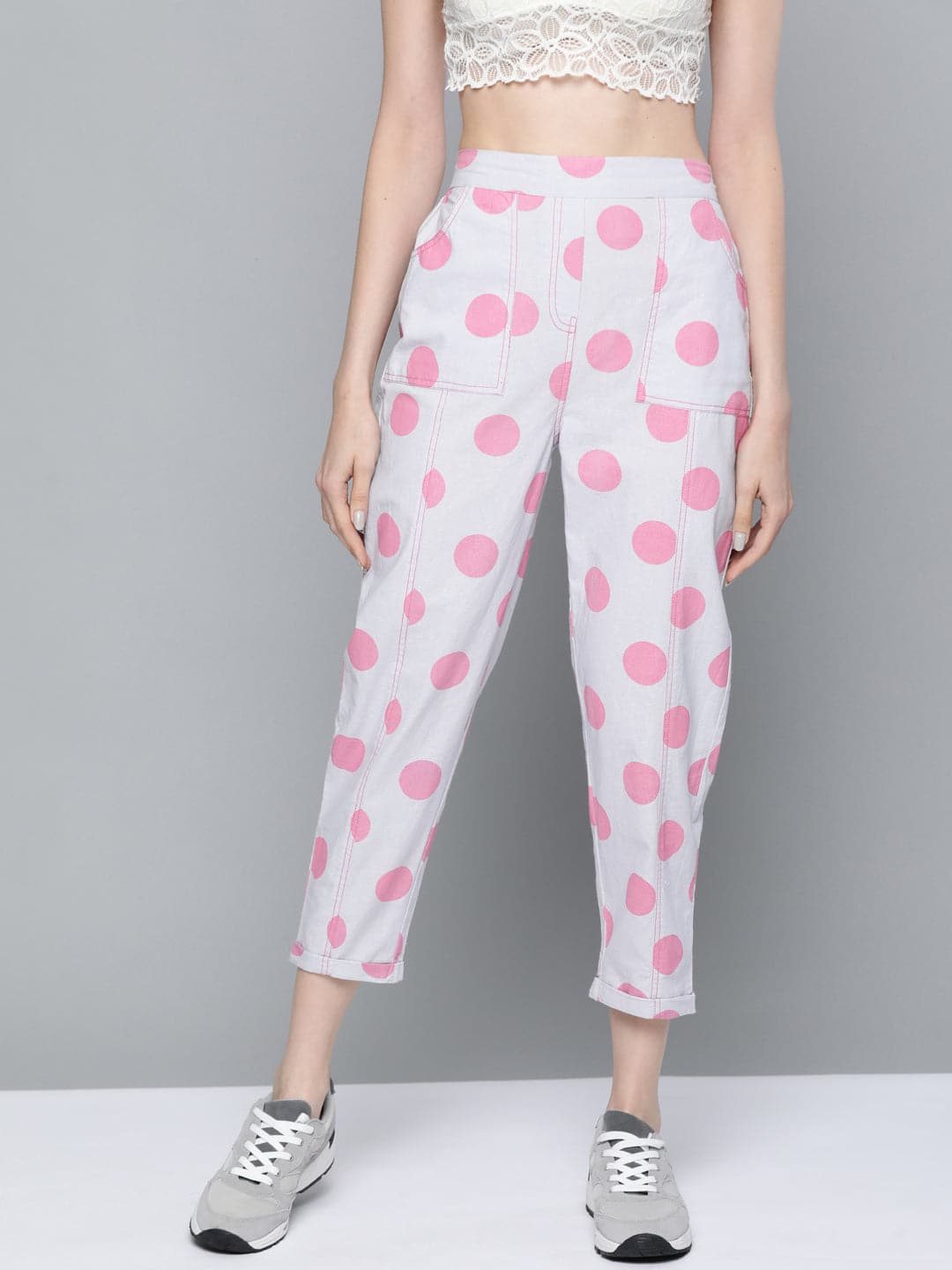 Pink & Grey Polka Print Tapered Pants-Pants-SASSAFRAS