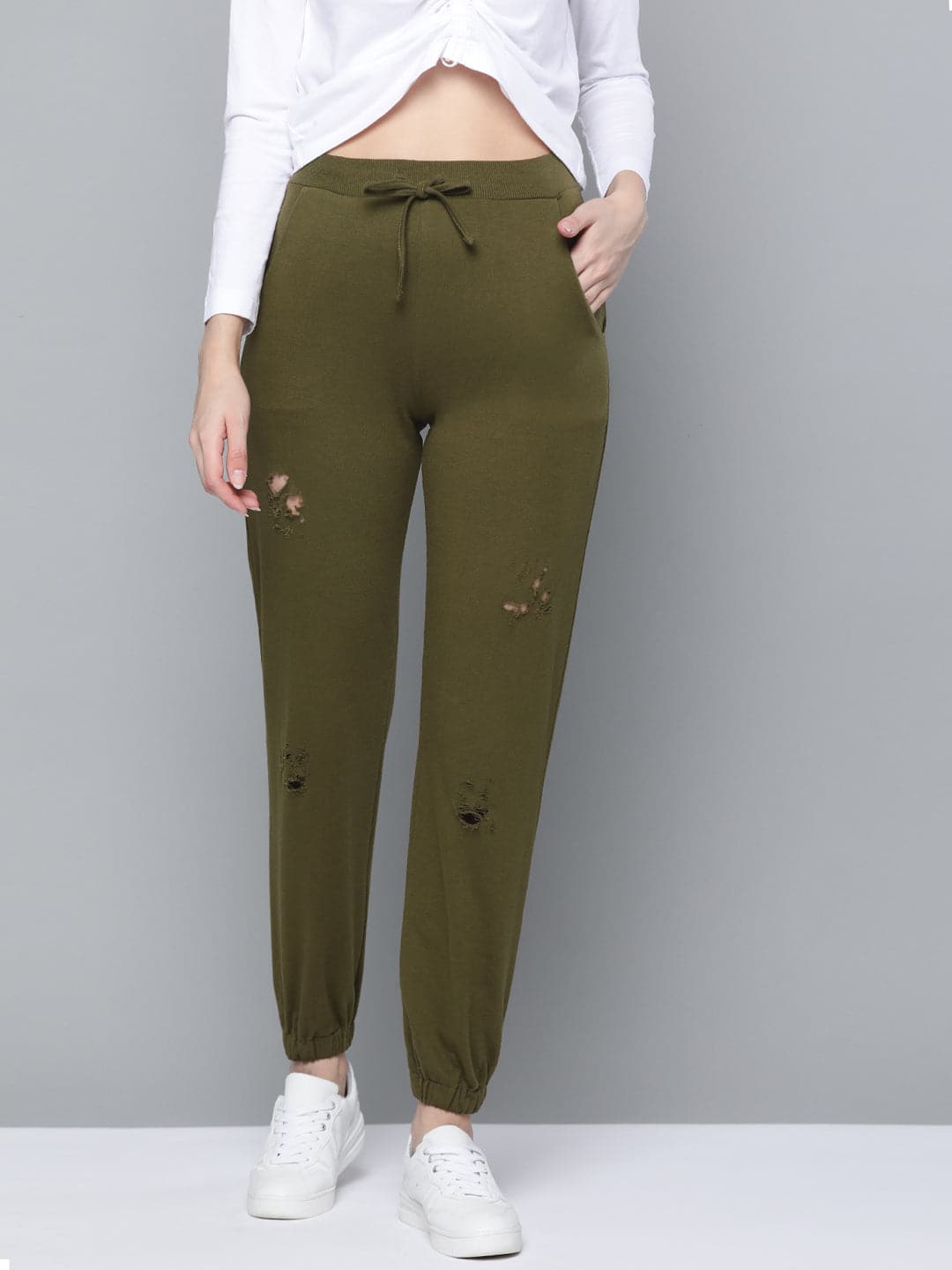 Olive Terry Ripped Joggers-Joggers & Track Pants-SASSAFRAS