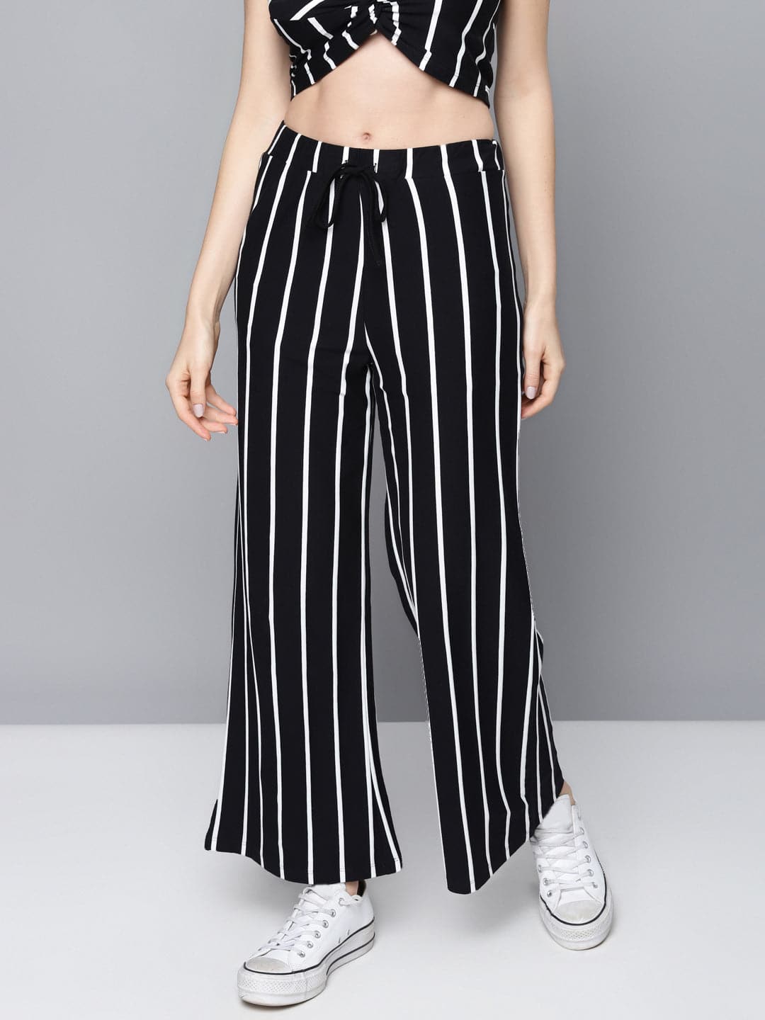 Black Stripes Drawstring Wide Leg Pants-Pants-SASSAFRAS