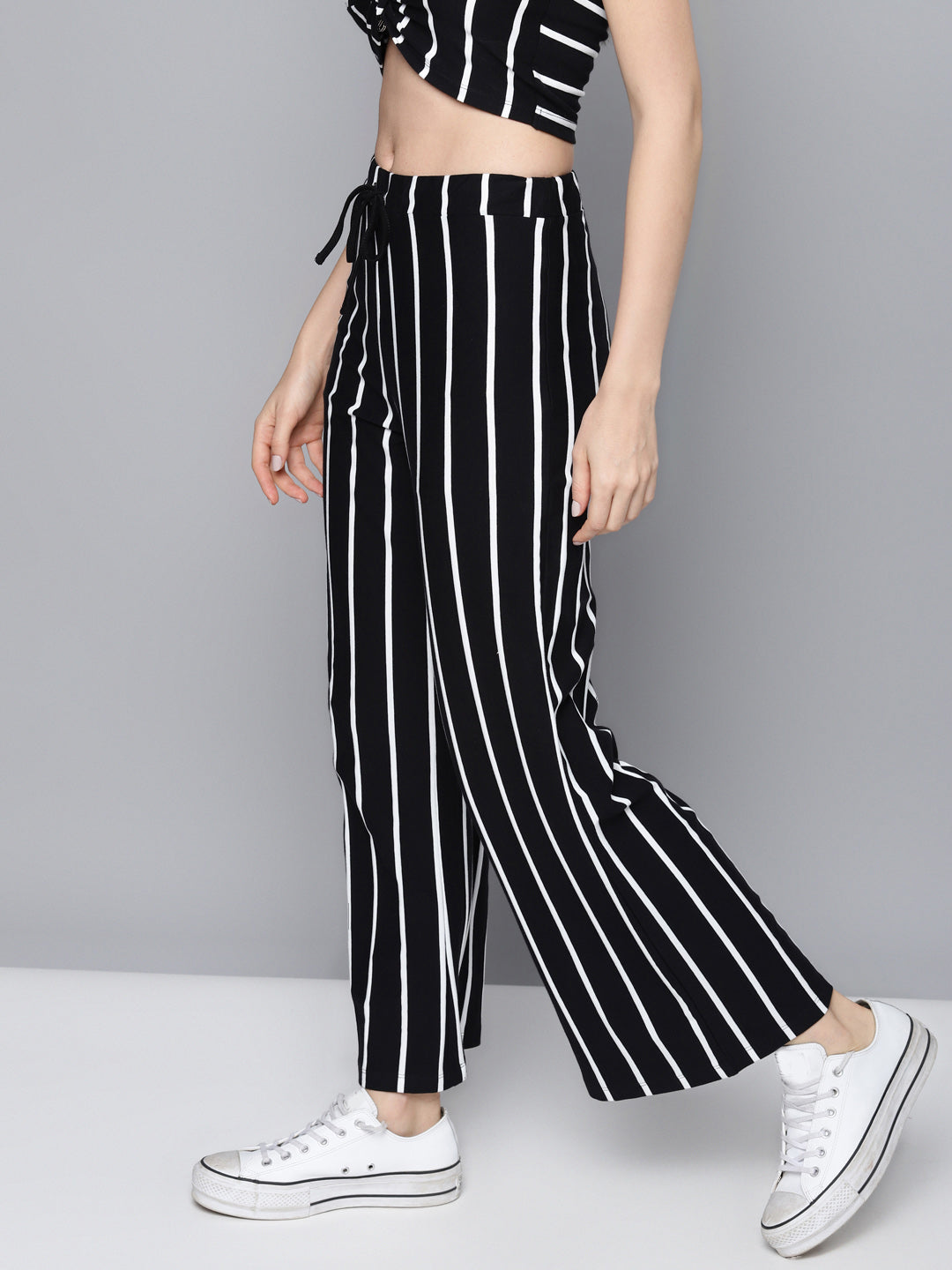 Black Stripes Drawstring Wide Leg Pants