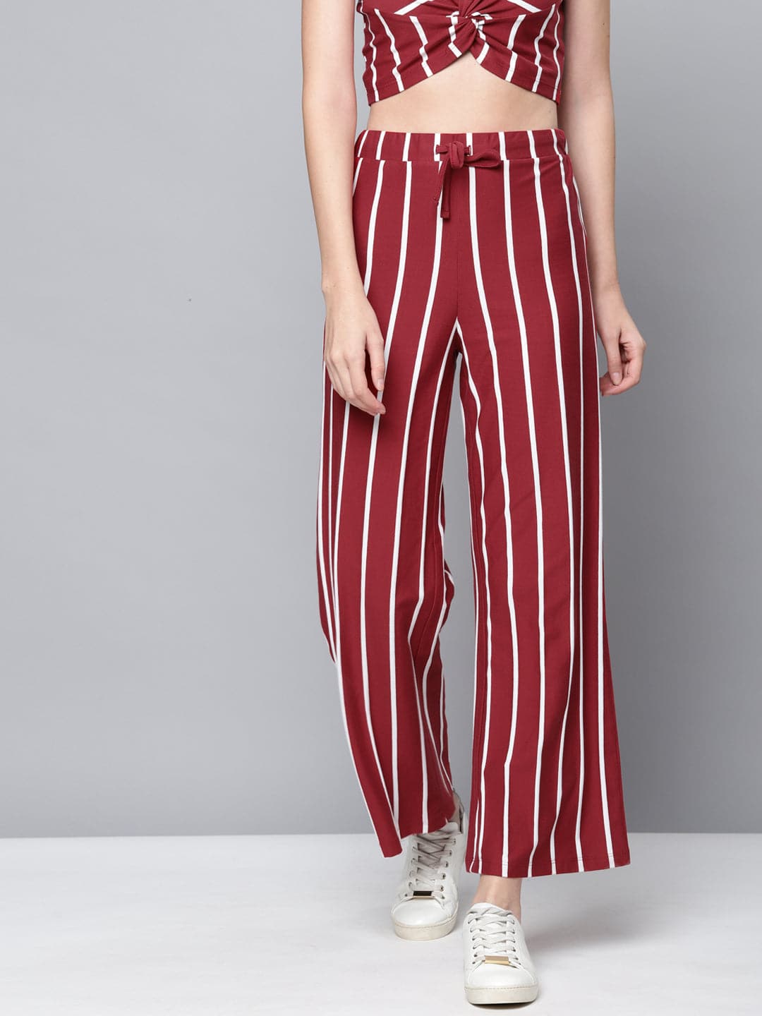 Maroon Stripes Drawstring Wide Leg Pants-Pants-SASSAFRAS