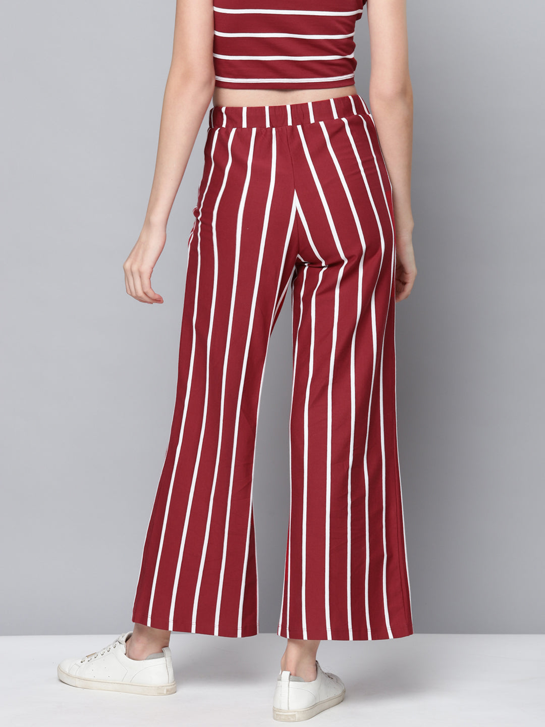 Maroon Stripes Drawstring Wide Leg Pants