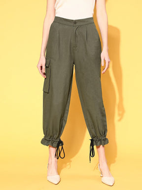Women Olive Side Pockets Cargo Pants-Cargos-SASSAFRAS