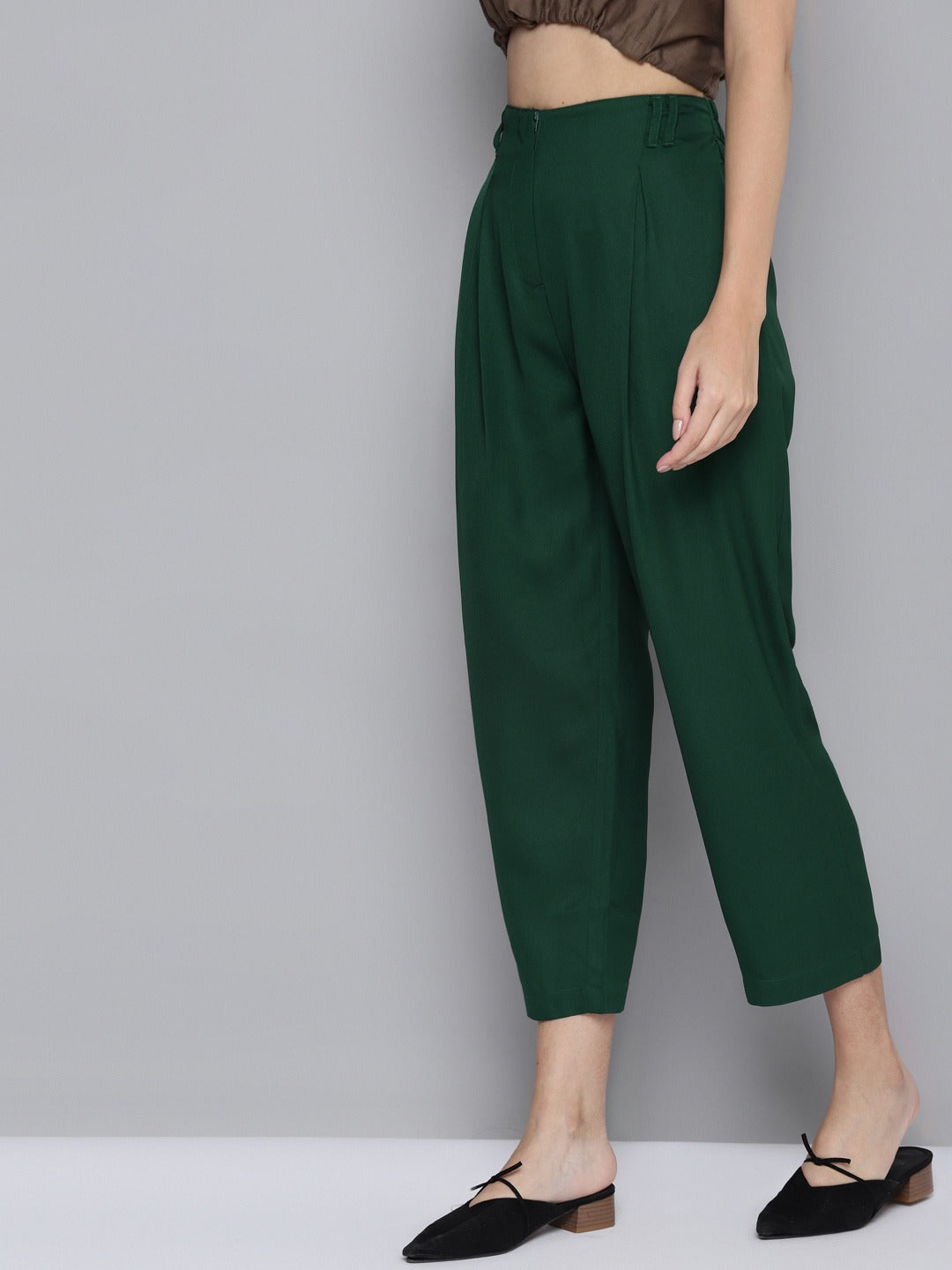 Women Emerald Green Front Zip Detail Pants