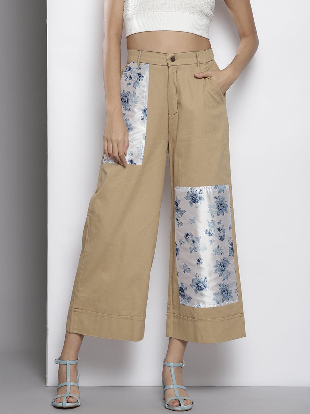 Khakhi With Floral Contrast Patch Twill Pants-SASSAFRAS