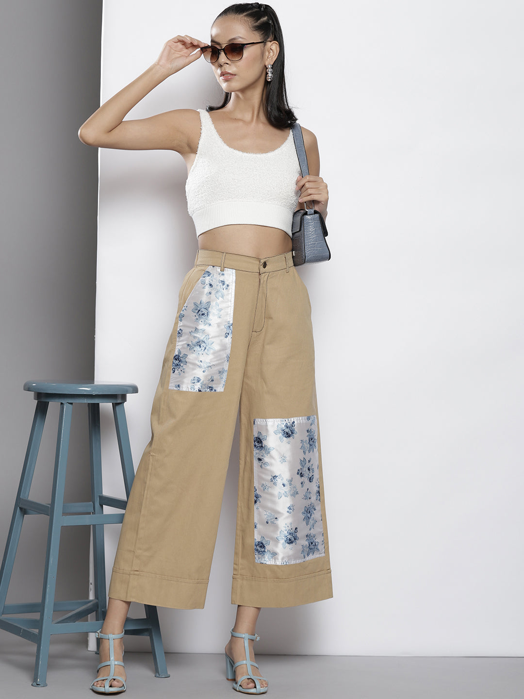 Women Khakhi With Floral Contrast Patch Twill Pants