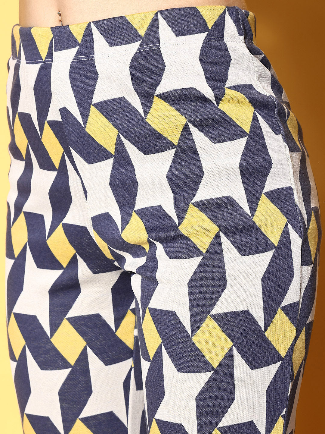 Women Blue & White Geometric Knit Bell Bottom Pants