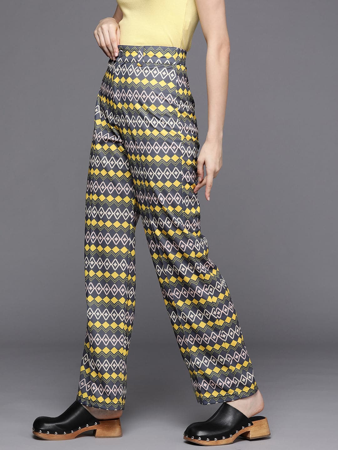 Yellow Geometric Print Straight Pants-SASSAFRAS