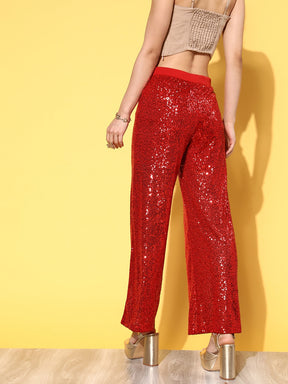 Women Red Sequin Party Straight Pants