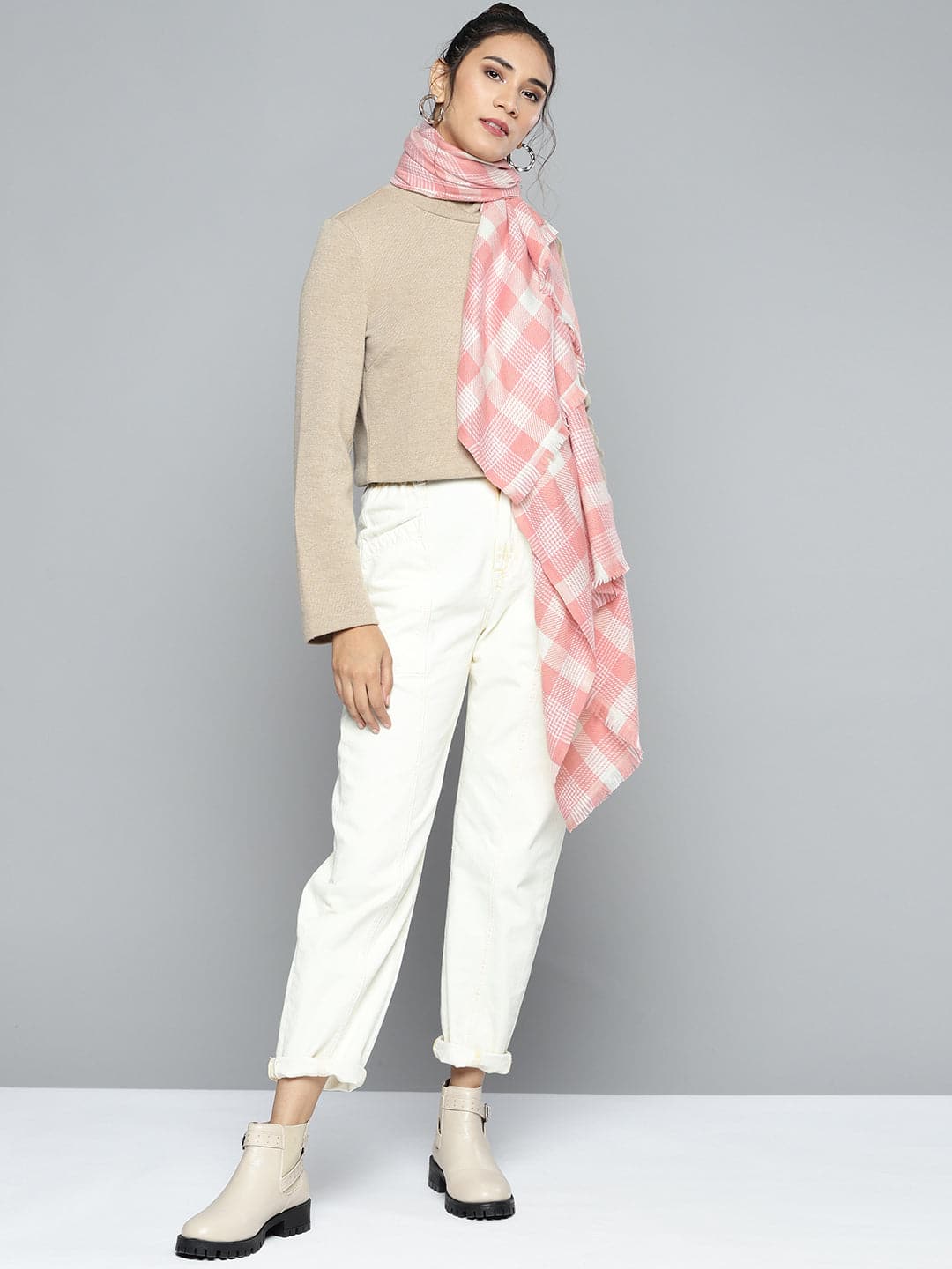 Pink & White Polyester Check Stole-Scarves & Stoles-SASSAFRAS