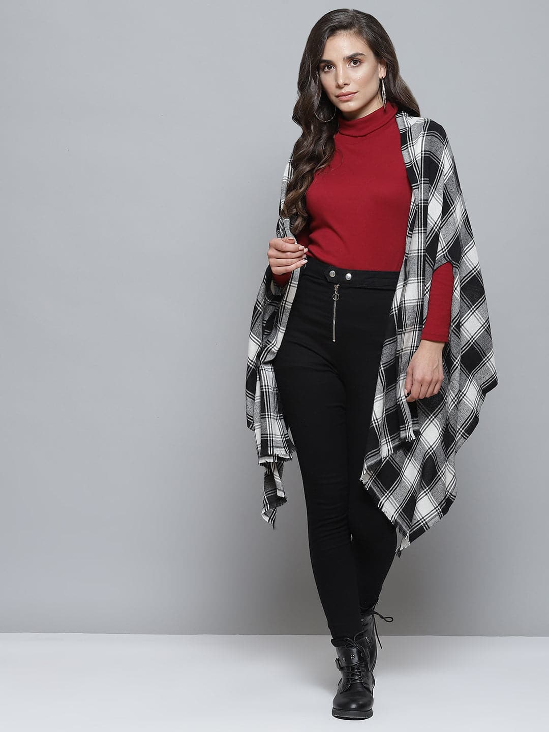 Black & Grey Recycled Check Cape-Scarves & Stoles-SASSAFRAS