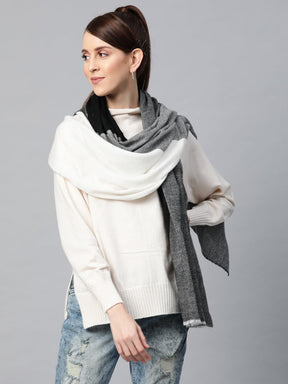 Grey & White Colour Block Acrylic Wool Stole-Scarves & Stoles-SASSAFRAS