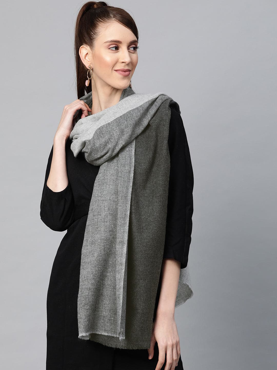 Grey & Black Colour Block Acrylic Wool Stole-Scarves & Stoles-SASSAFRAS