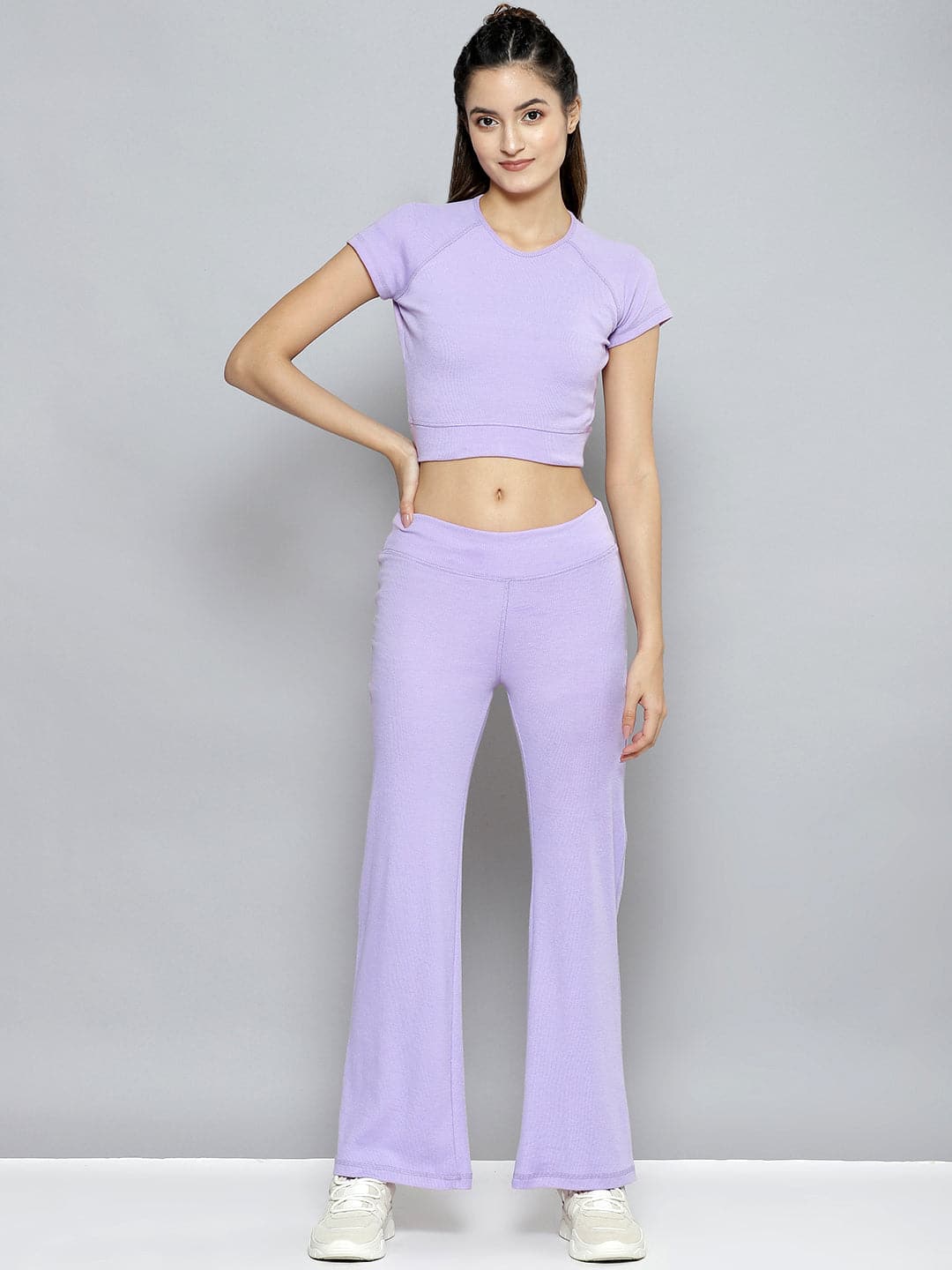 Women Lavender Rib ACTIVE Crop Top With Bootleg Pants-Co-Ords-SASSAFRAS