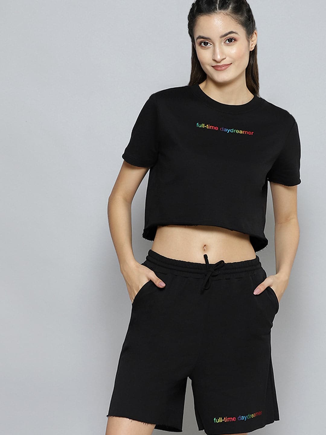Women Black Terry ACTIVE Crop T-Shirt With Drawstring Shorts-Co-Ords-SASSAFRAS