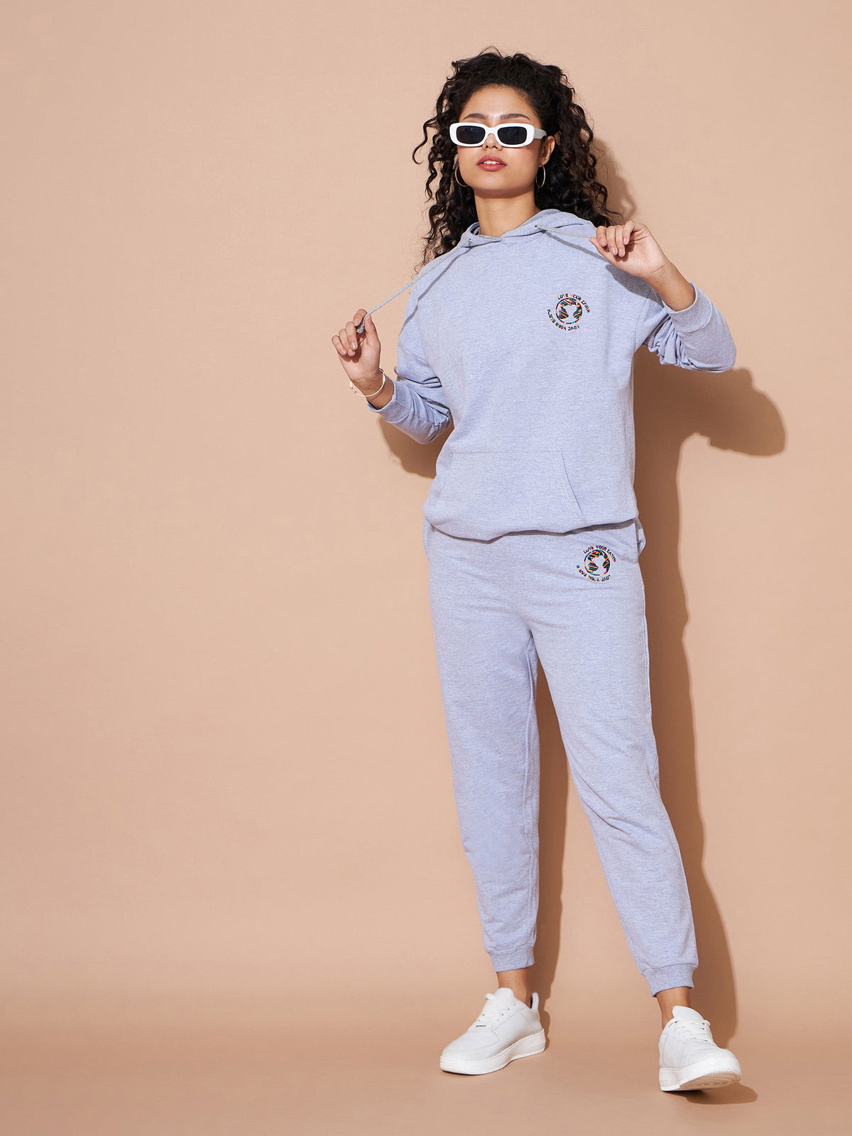 Grey Embroidered Oversized Hoodie With Track Pants-SASSAFRAS BASICS