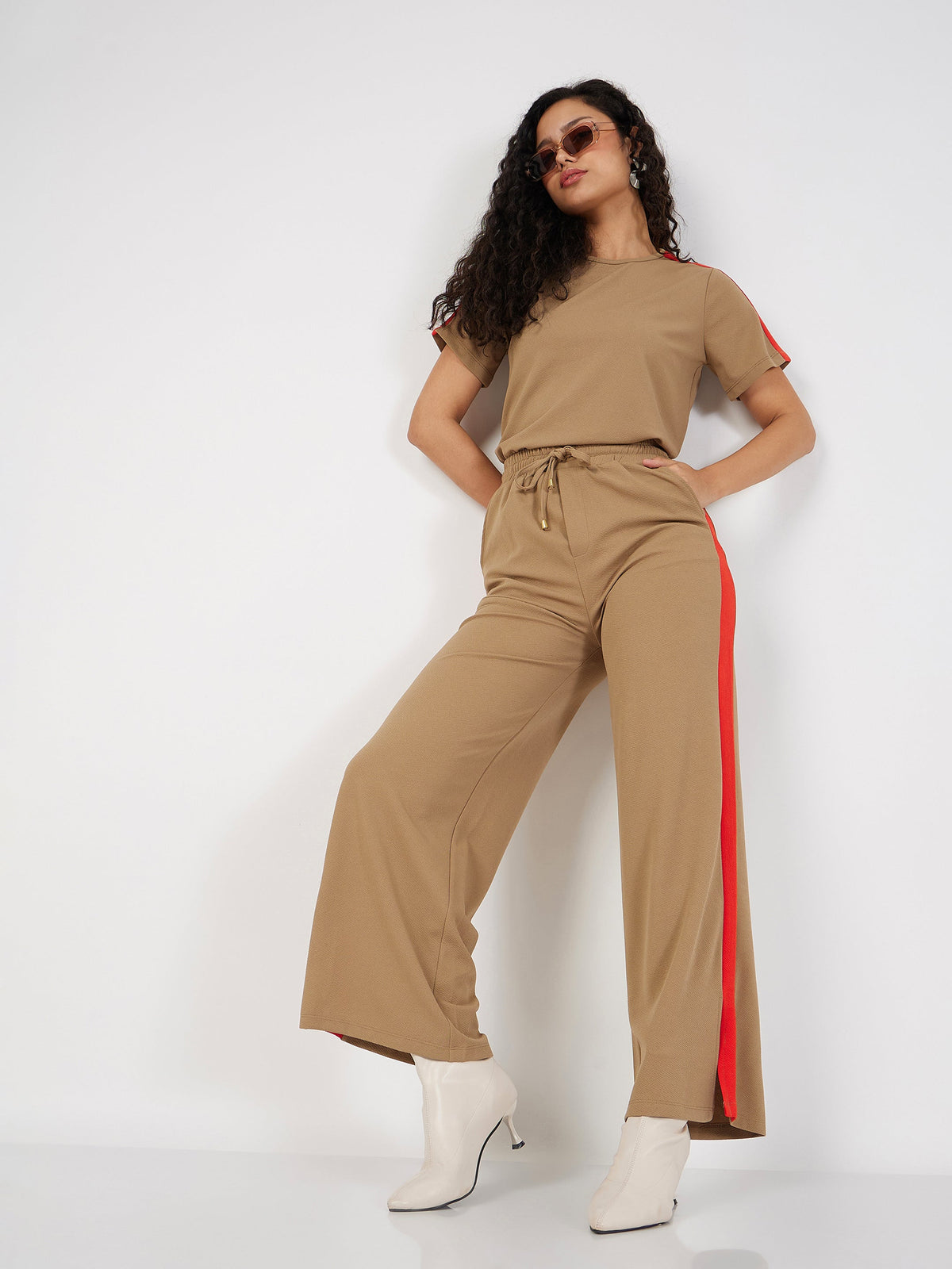 Beige Contrast Tape T-shirt With Track Pants-SASSAFRAS