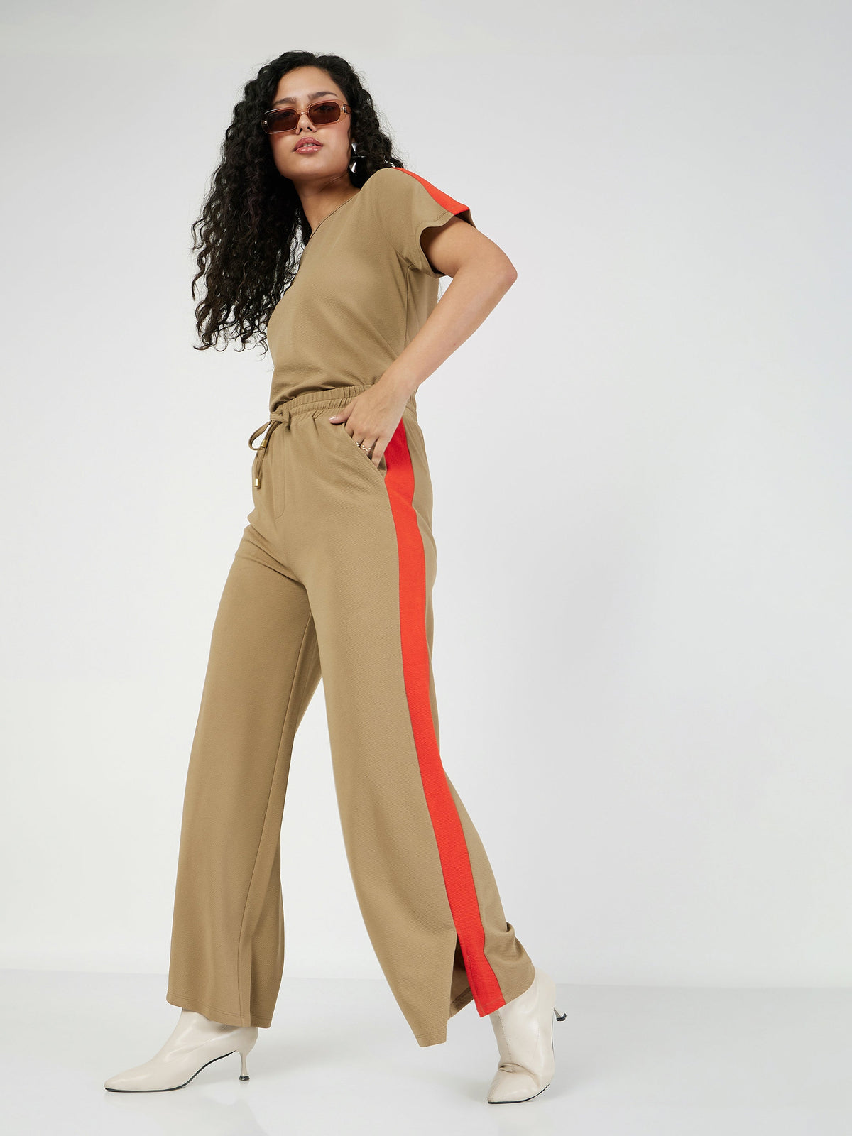 Beige Contrast Tape T-shirt With Track Pants-SASSAFRAS