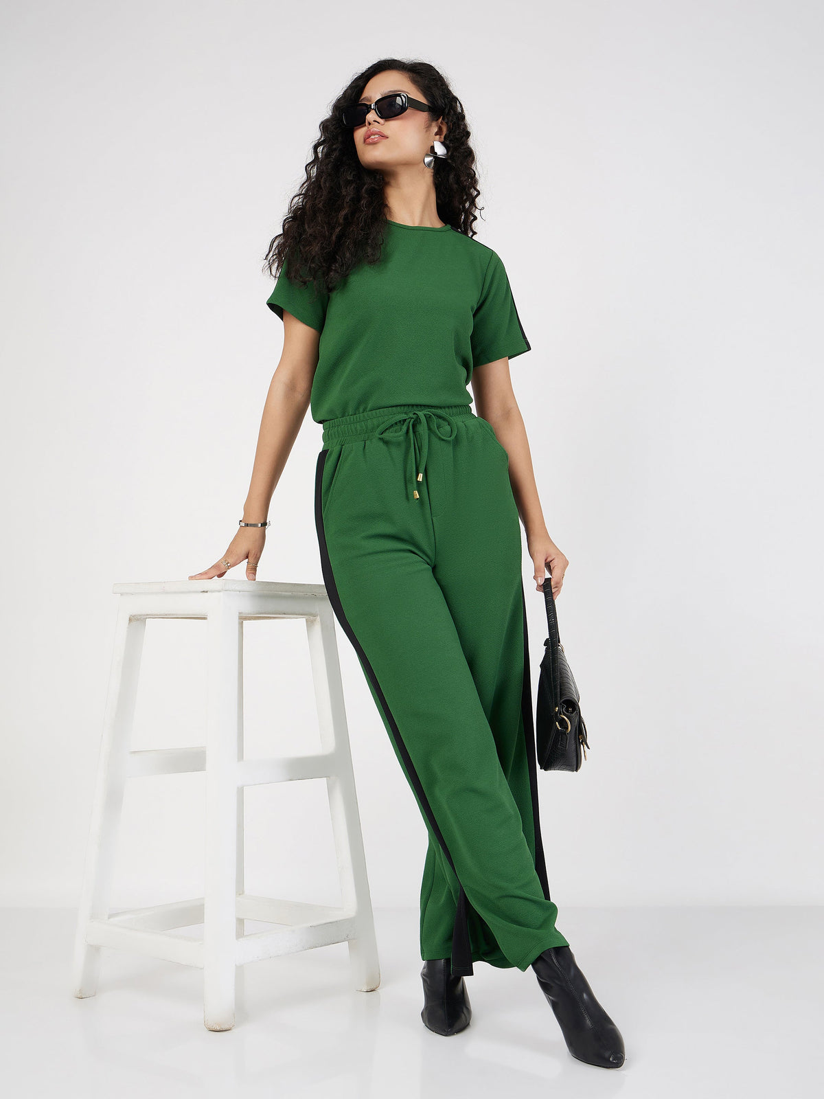 Green Contrast Tape T-shirt With Track Pants-SASSAFRAS