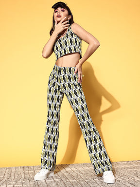 Women Green & Black Check Crop Top With Bell Bottom Pants