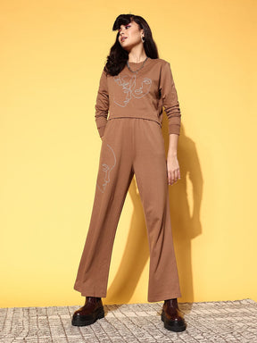 Brown Line Art Crop Terry Sweatshirt With Pants -SASSAFRAS