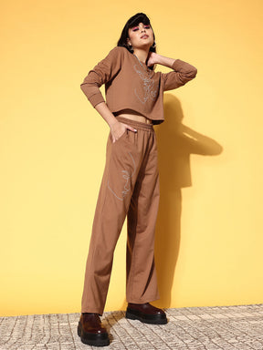 Women Brown Line Art Crop Terry Sweatshirt With Pants