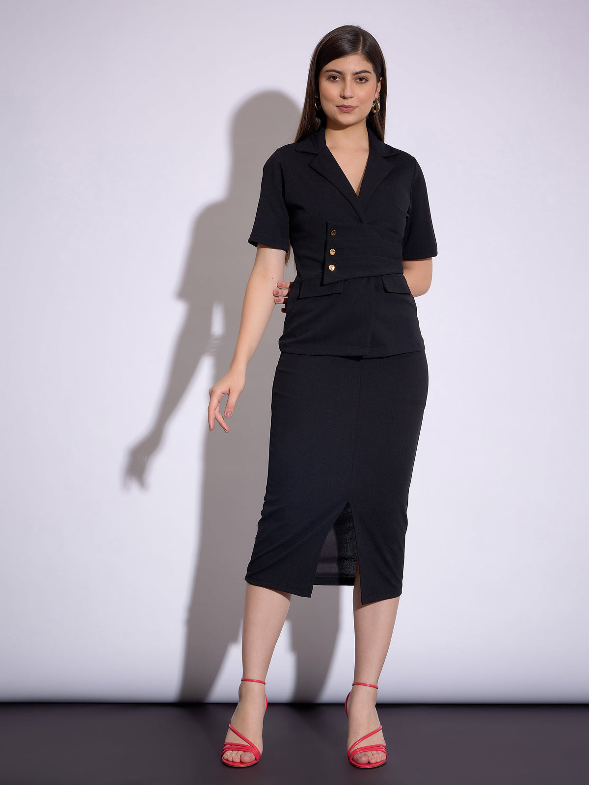 Black Notch Collar Top With Midi Skirt -SASSAFRAS worklyf