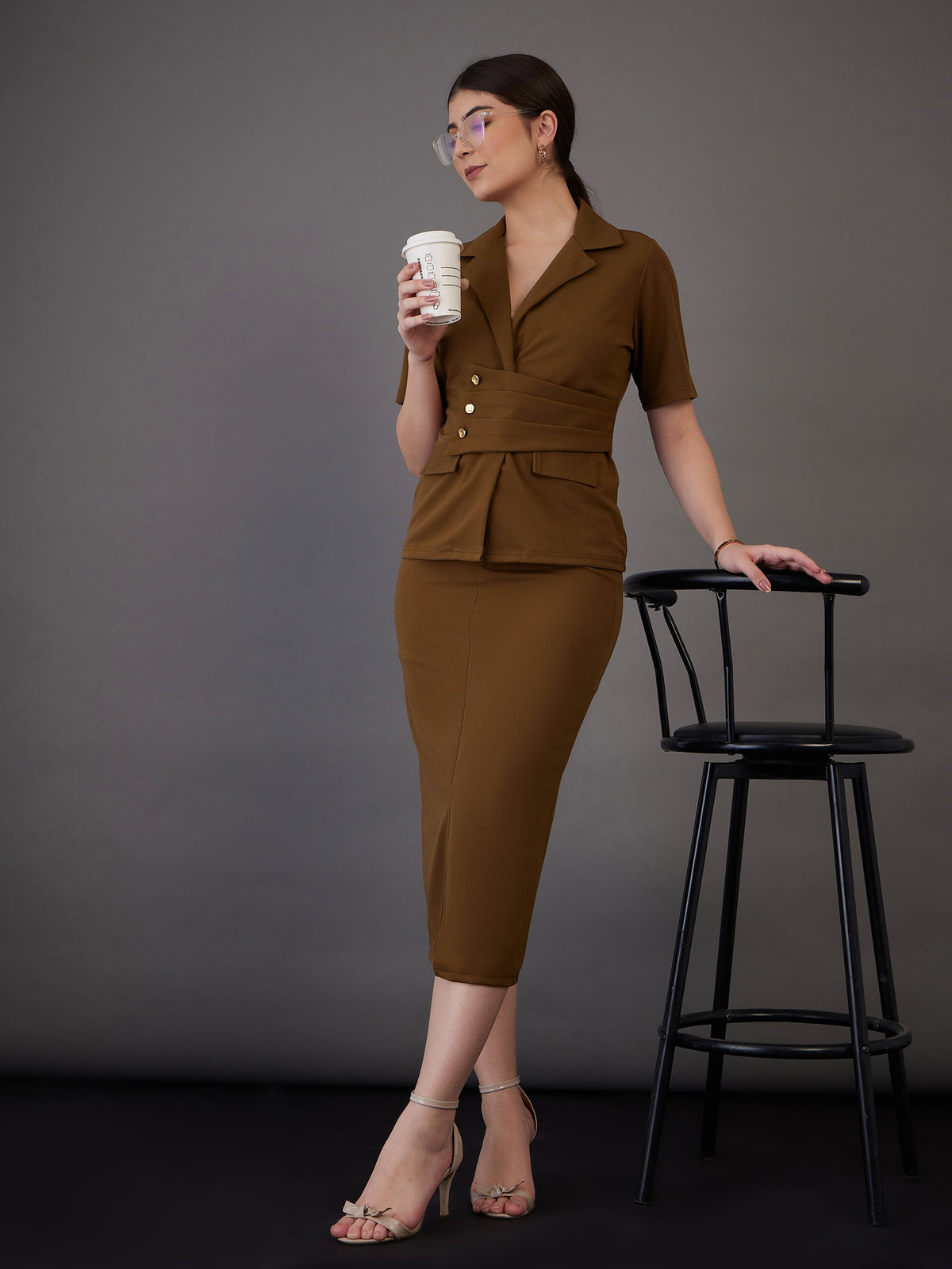 Brown Notch Collar Top With Midi Skirt -SASSAFRAS worklyf