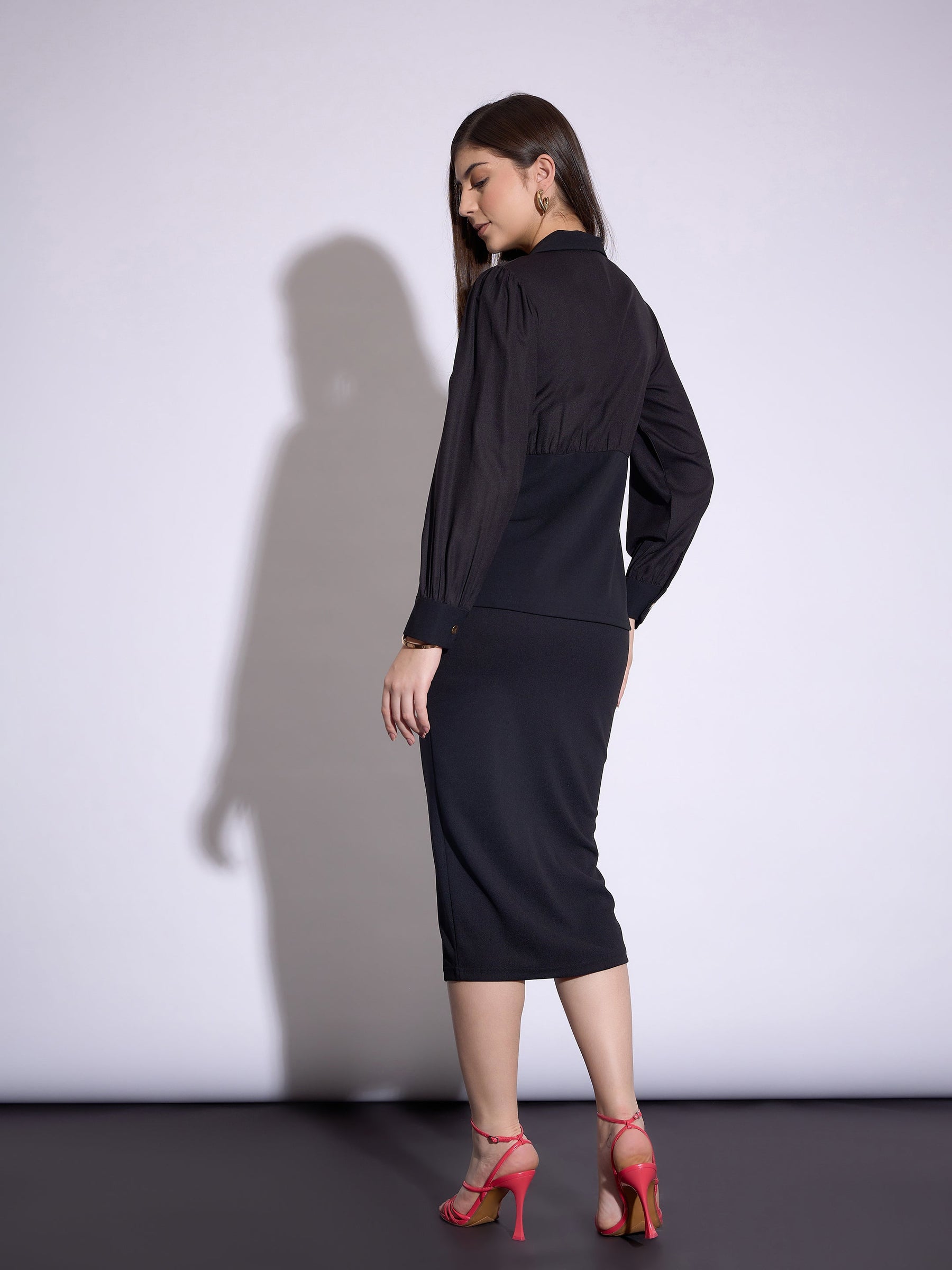 Black Peplum Collar Top With Midi Skirt -SASSAFRAS worklyf