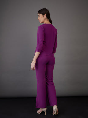 Purple Wrap Asymmetric Top With Bell Bottom Pants-SASSAFRAS worklyf