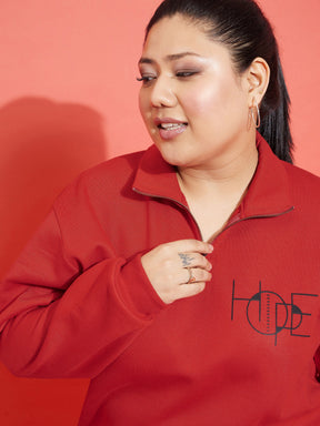 Red Fleece HOPE Zipper Sweatshirt With Joggers-SASSAFRAS Curve