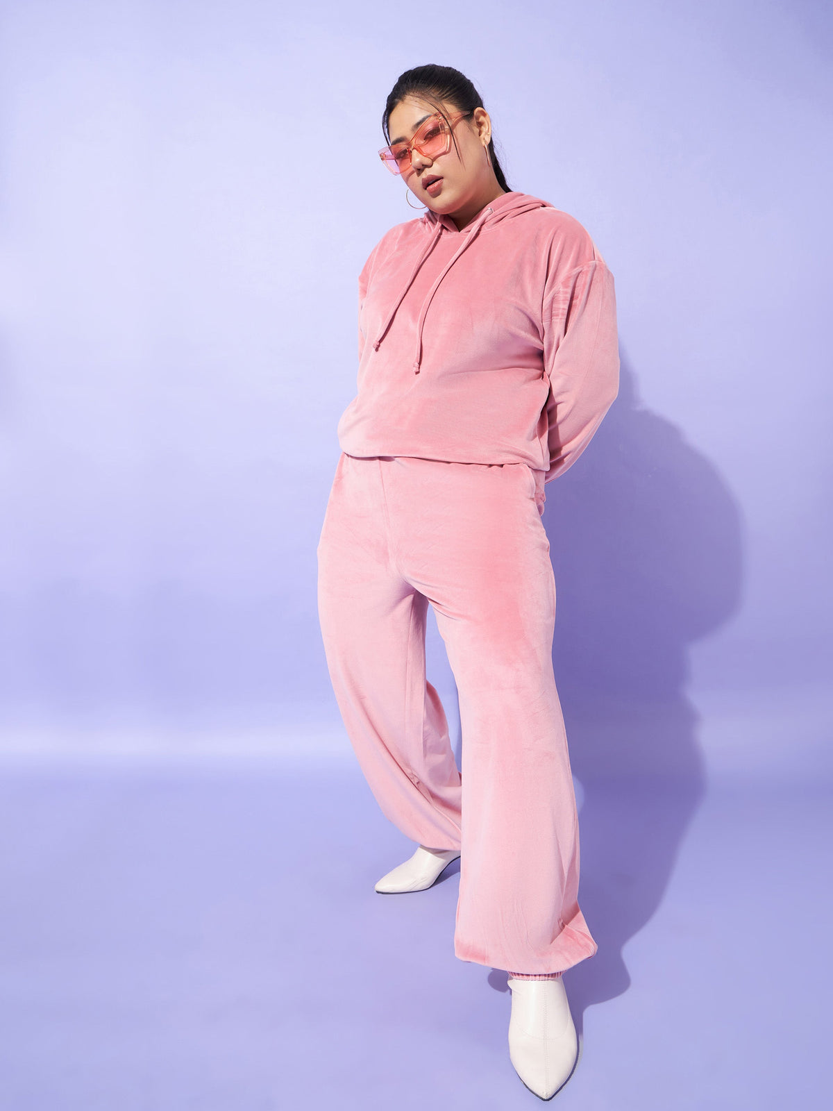 Pink Velour Hoodie With Joggers-SASSAFRAS Curve
