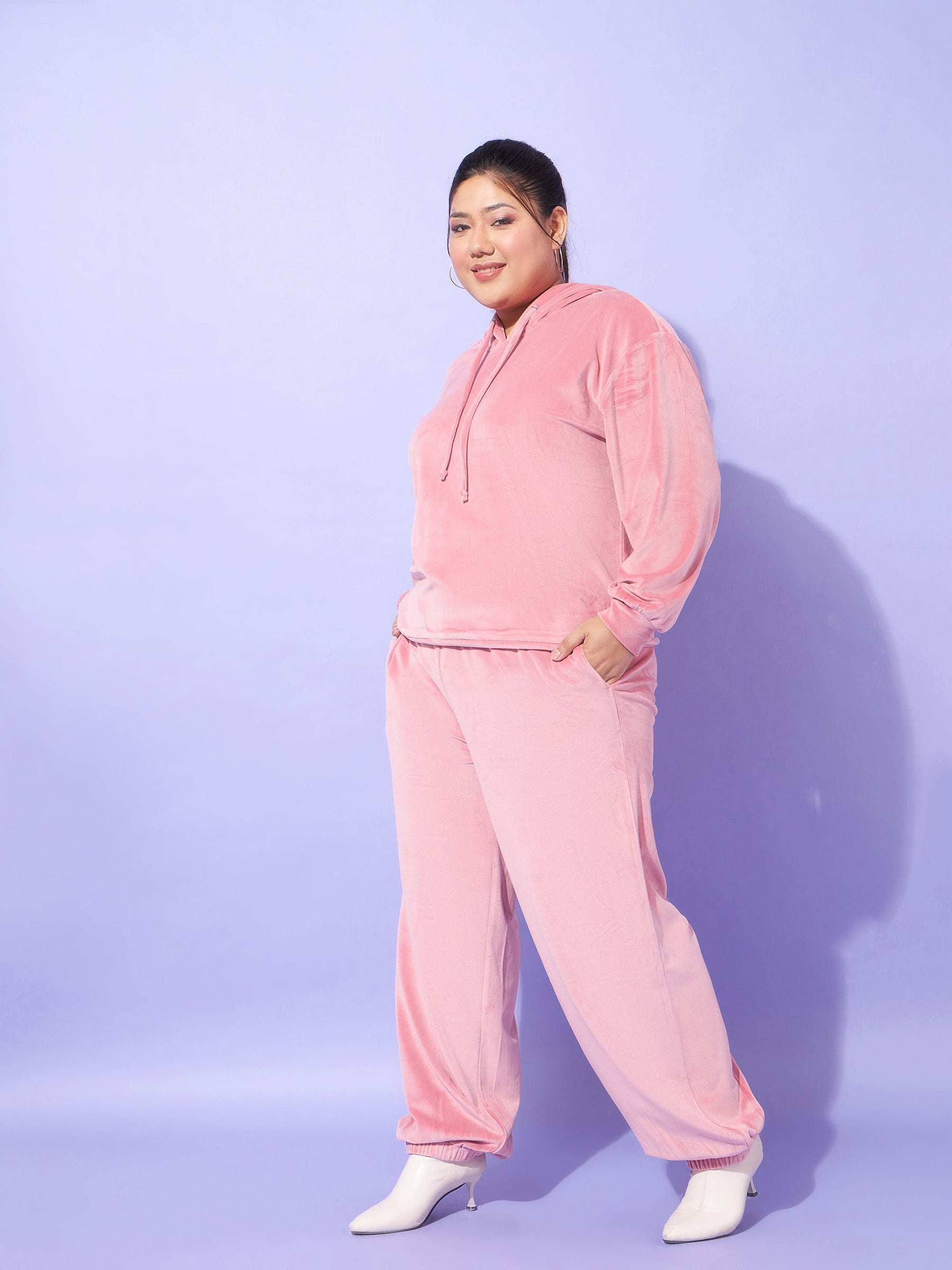 Pink Velour Hoodie With Joggers-SASSAFRAS Curve