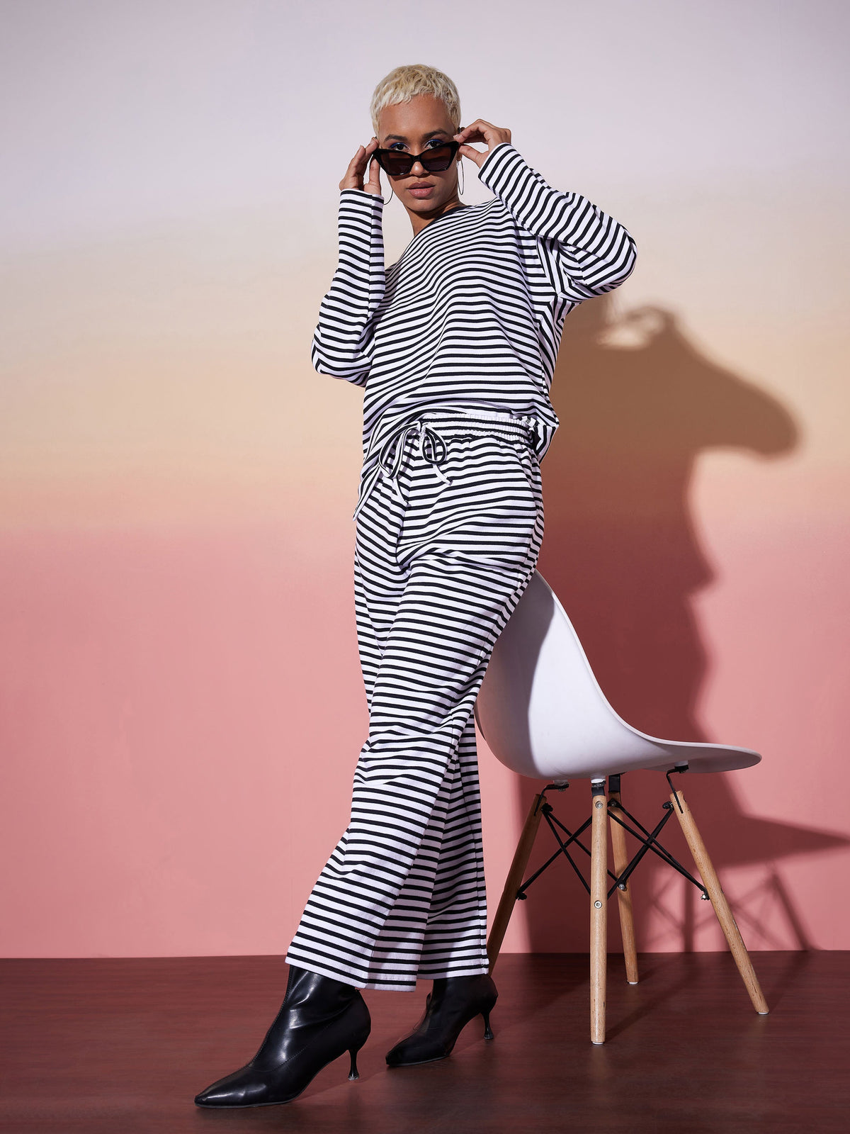 Black & White Stripe Top With Lounge Pants-SASSAFRAS alt-laze