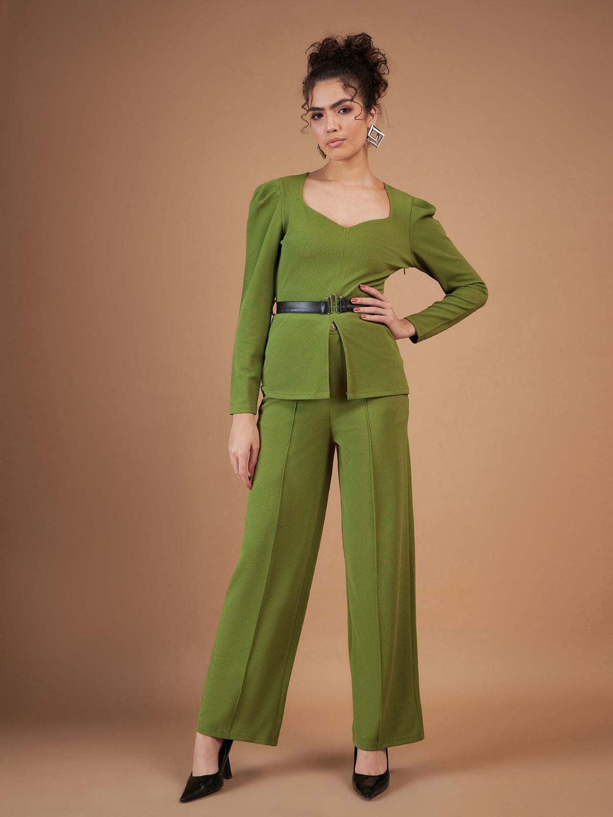 Green Belted Peplum Top With Darted Straight Pants-SASSAFRAS