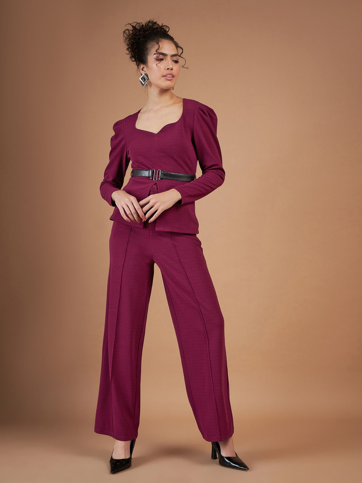 Maroon Belted Peplum Top With Darted Straight Pants-SASSAFRAS