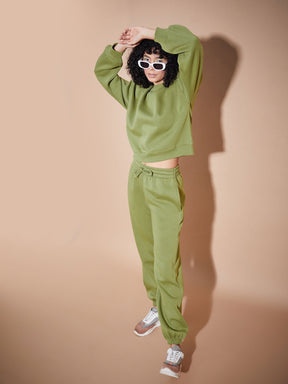 Olive Premium Fleece Oversized Sweatshirt With Joggers-SASSAFRAS BASICS