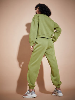Olive Premium Fleece Oversized Sweatshirt With Joggers-SASSAFRAS BASICS