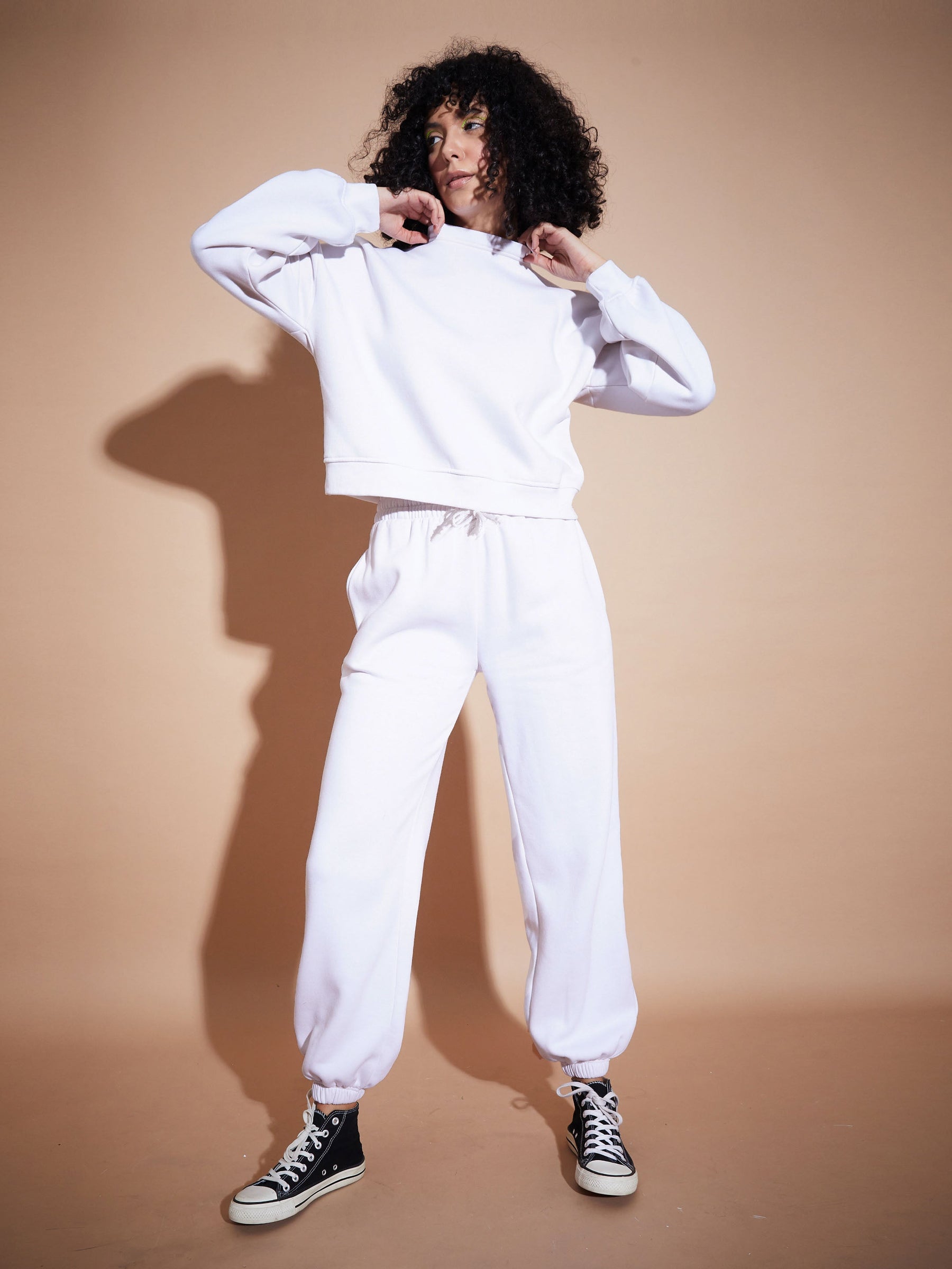 White Premium Fleece Oversized Sweatshirt With Joggers-SASSAFRAS BASICS