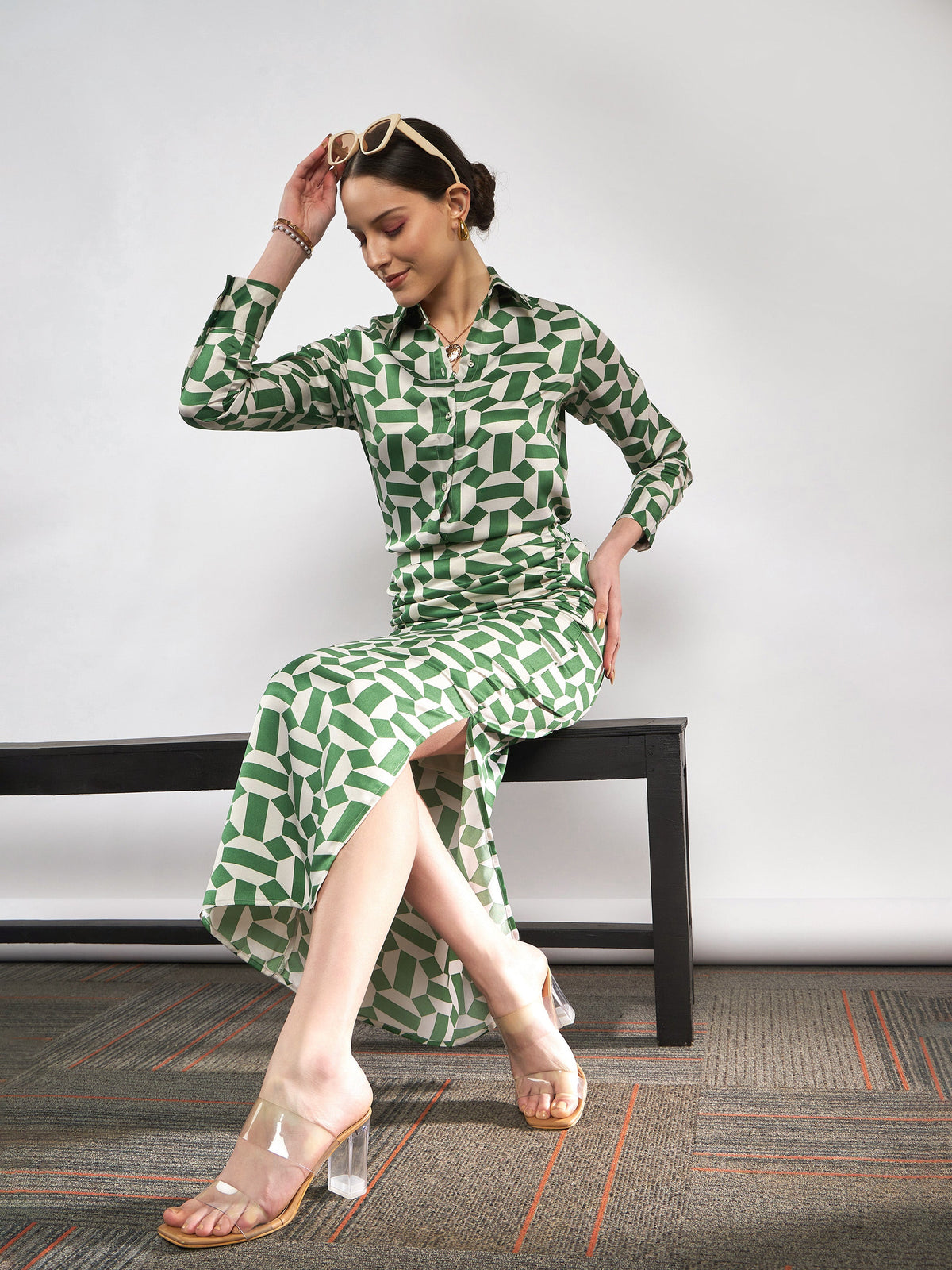 Green Satin Geometrical Shirt With Ruched Skirt-SASSAFRAS