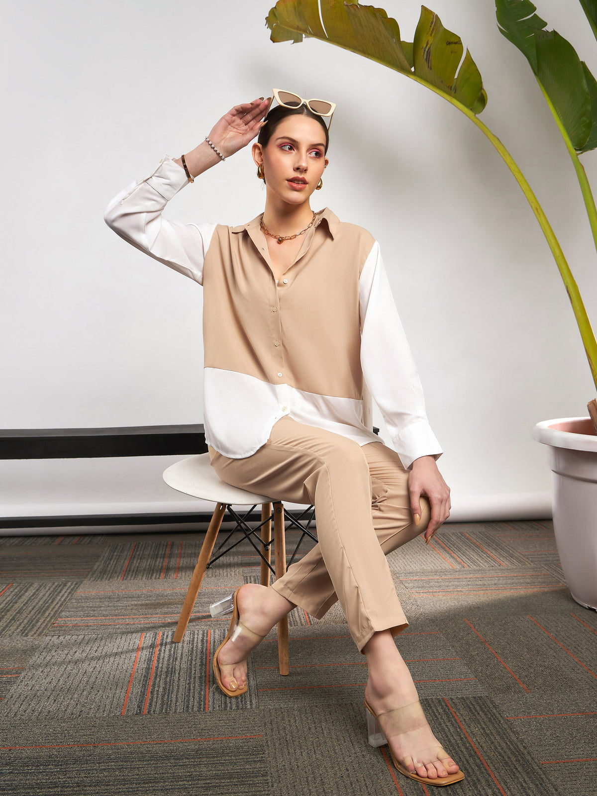 Beige & White ColorBlock Shirt With Darted Pants -SASSAFRAS