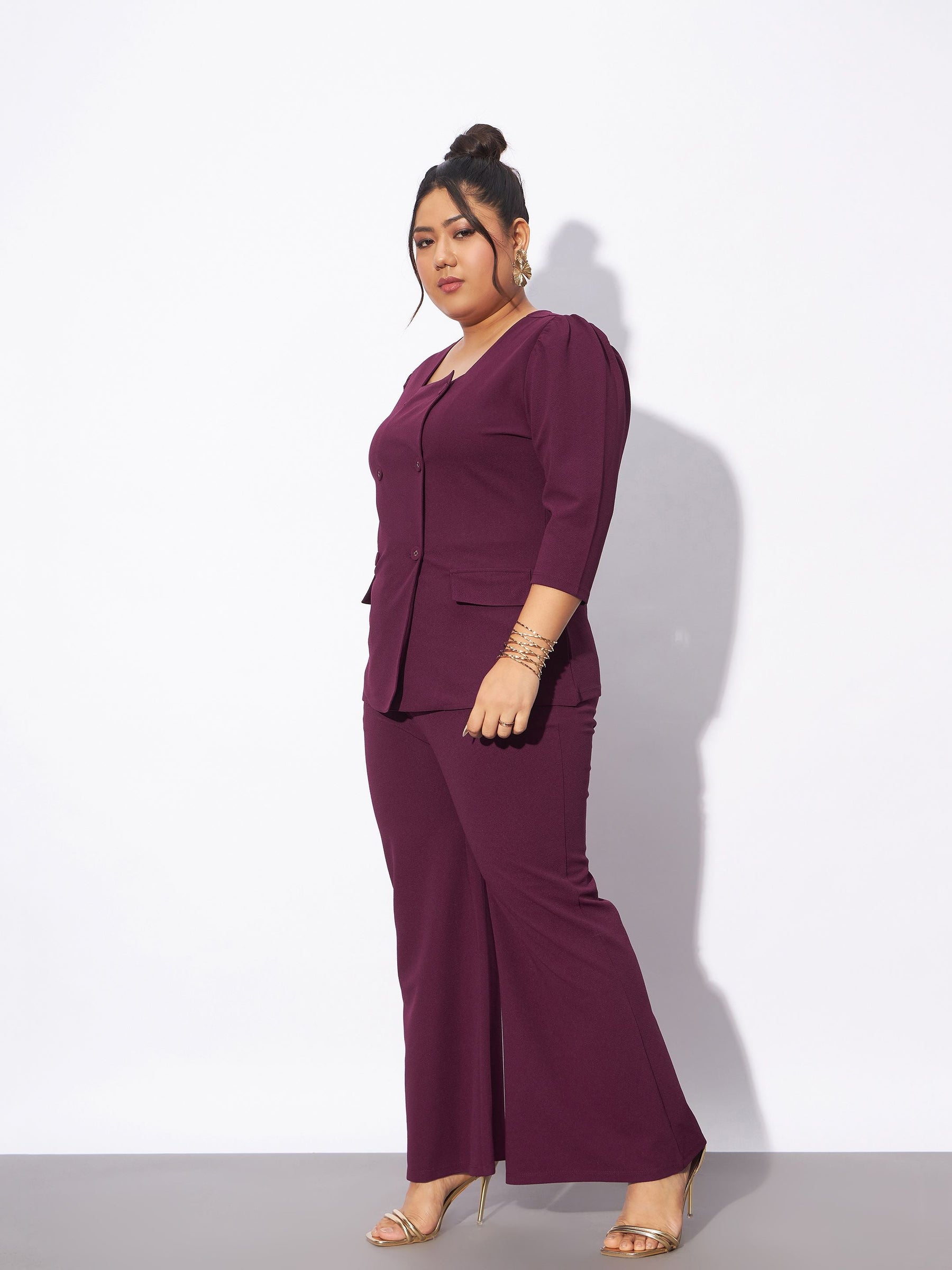 Burgundy Front Button Top With Straight Pants-SASSAFRAS Curve