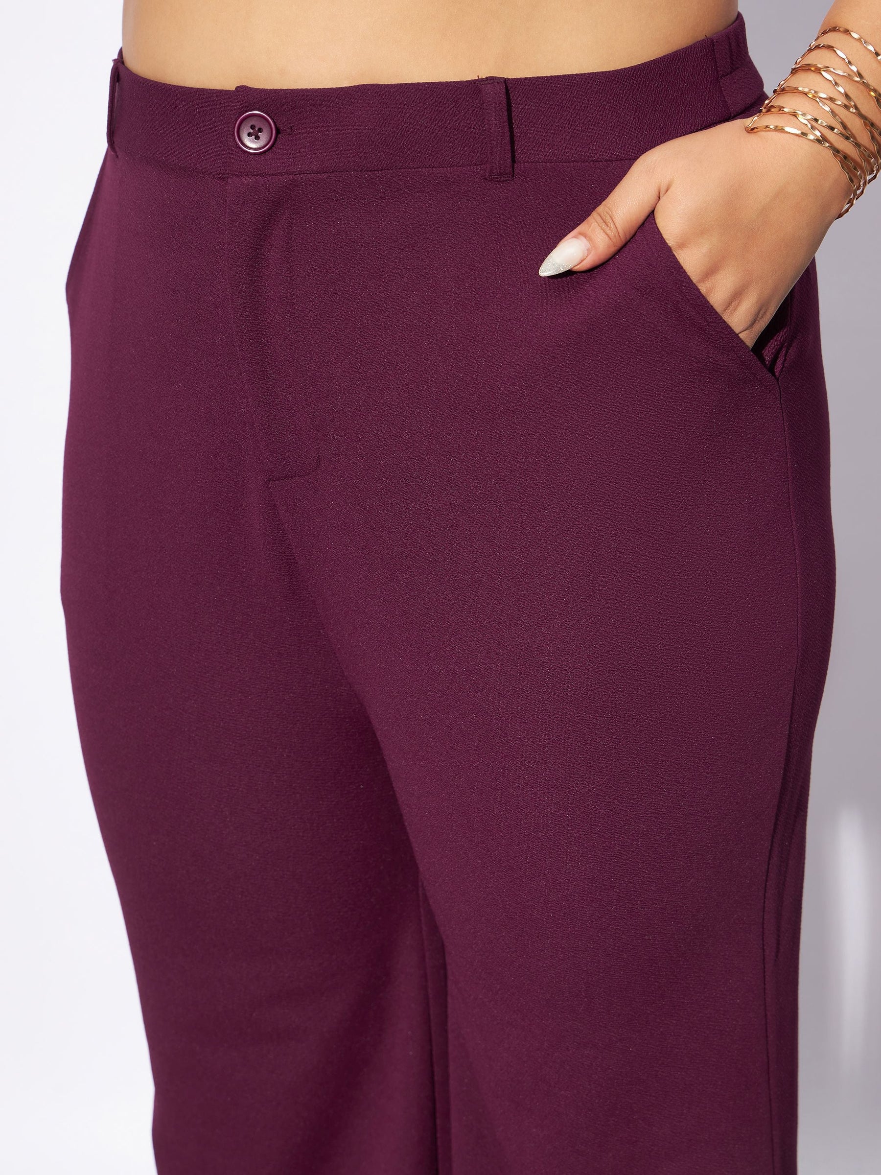 Burgundy Front Button Top With Straight Pants-SASSAFRAS Curve
